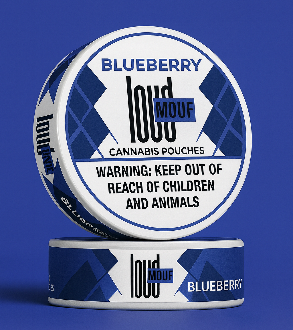 Two cans of LOUDMOUF Blueberry cannabis pouches on a blue background