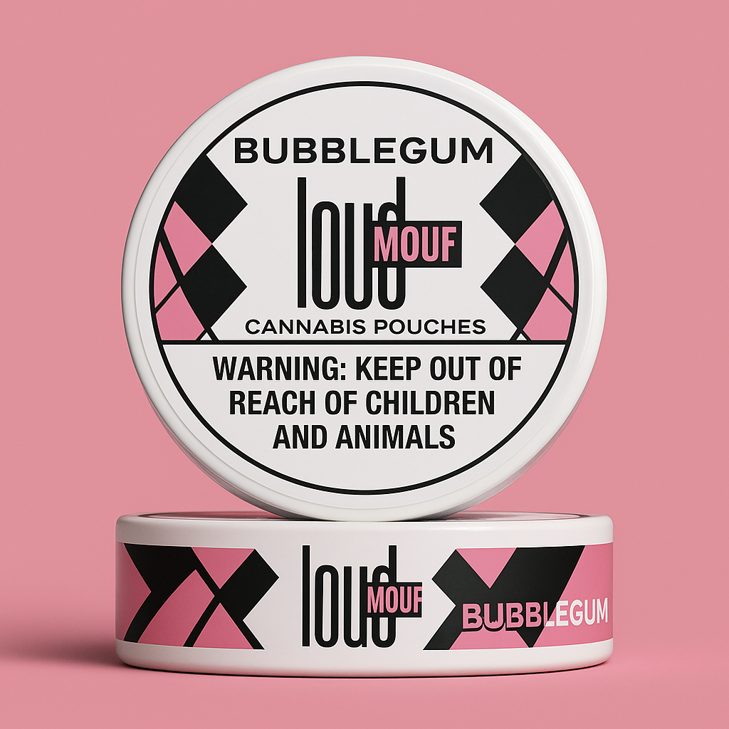 Cannabis pouch container with ‘LOUDMOUF' branding on a pink background