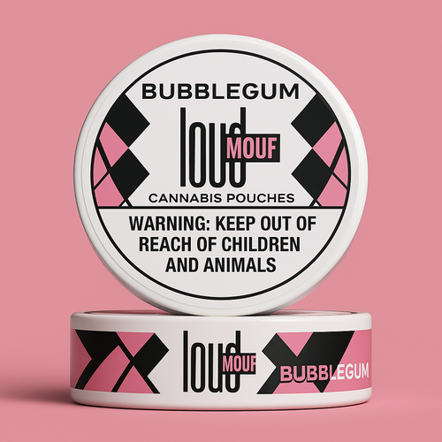 Cannabis pouch container with ‘LOUDMOUF' branding on a pink background